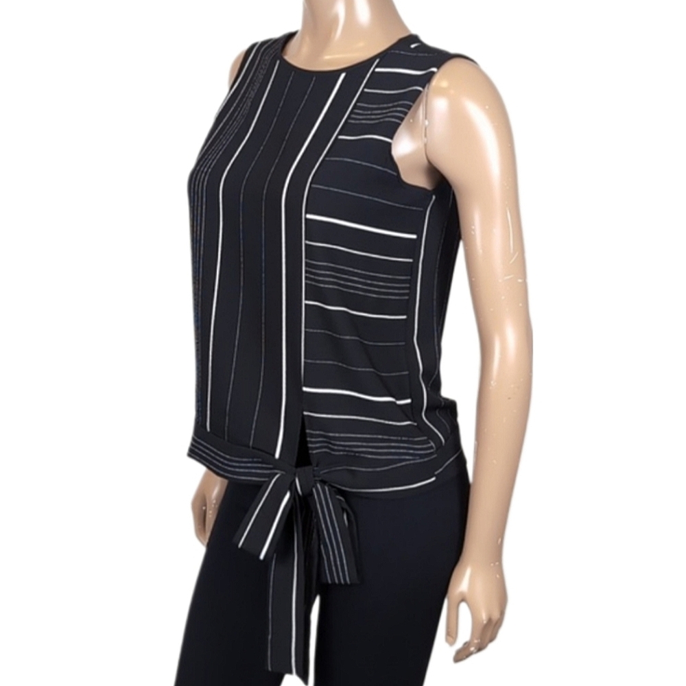 Vince Camuto Sleeveless Striped Blouse Ribbon Tie Hem Black White Top